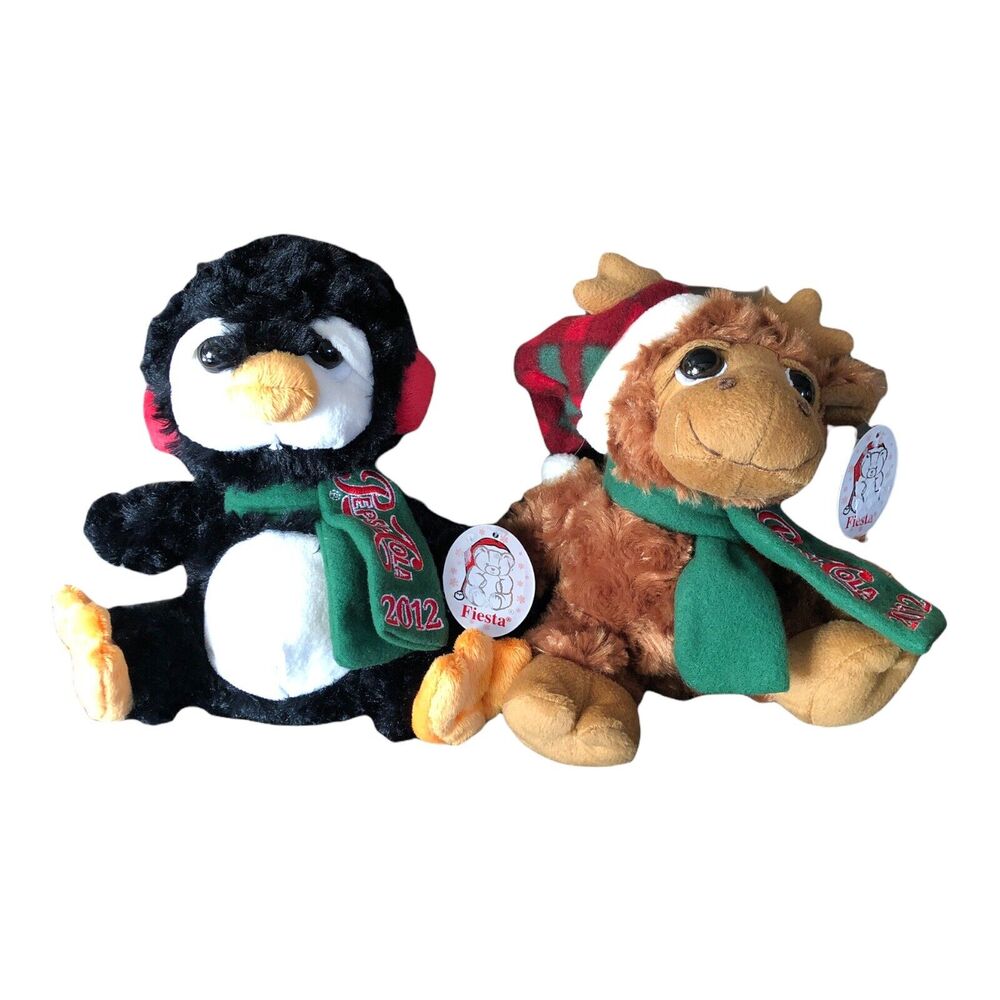 2‎ Fiesta Penguin + Moose Plush 2012 Pepsi-Cola Christmas 9" Stuffed Animal Lot